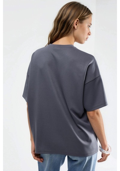 Hiccup Oversize Bisiklet Yaka Modal Touch Örme Tişört Gri