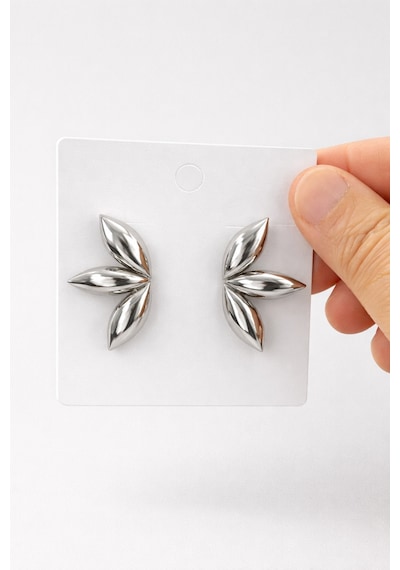 Parlak Gümüş Yaprak Küpe Modern Çiçek Formlu Şık Kadın Küpe Diğer