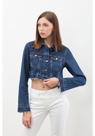 Kadın Püsküllü Crop Jean Ceket mavi