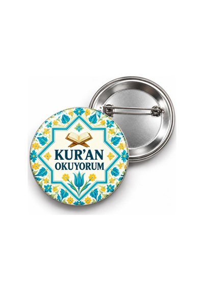 Kur An Okuyorum - Yıldız Çerçeveli Çini - 58mm Rozet Çok Renkli