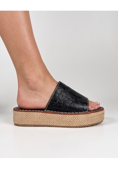 Futsishoes Egret Siyah Hakiki Deri Lazer Kesim Çiçek Desenli Hasır Tabanlı Platform Kadın Terlik Futsishoes Egret Siyah Hakiki Deri Lazer Kesim Çiçek Desenli Hasır Tabanlı Platform Kadın Terlik