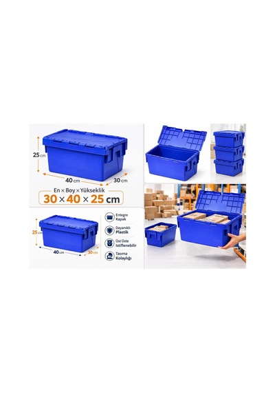 7li 30 40 25 Cm Mavi Menteşe Kapaklı Plastik Kasa