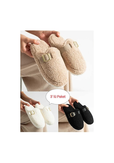 Moda Devrin 3'lü Paket Tokalı Havlu Kışlık Kadın Terlik Çeyiz Bohça Seti Çok Renkli