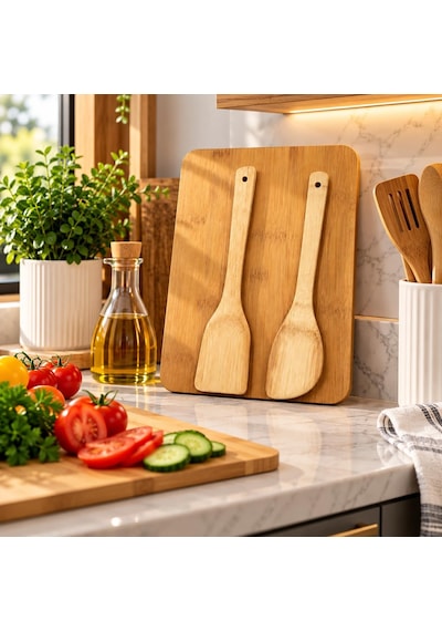 Bambu Kesme Ve Servis Tahtası Seti, 2 Adet Bambu Spatula İle, Doğal Bambu Mutfak Gereçleri, Sebze Ve Meyve Hazırlama Diğer
