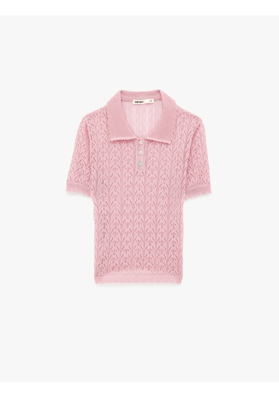 Koton Koton X Melis Ağazat - Viskon Kısa Kollu Polo Yaka Ajurlu Triko Kazak Pembe 6sak90206ht Gülkurusu