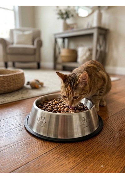 Paslanmaz Çelik Kedi Köpek Mama Ve Su Kabı - Pati Desenli Kaymaz Taban 22 Cm