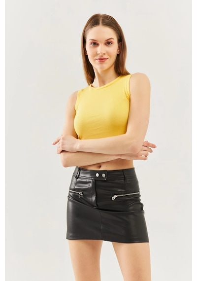 Butikgiz Kadın Sıfır Kol Bisiklet Yaka Vücuda Oturan %100 Pamuklu Kaşkorse Esnek Crop Bluz Sari