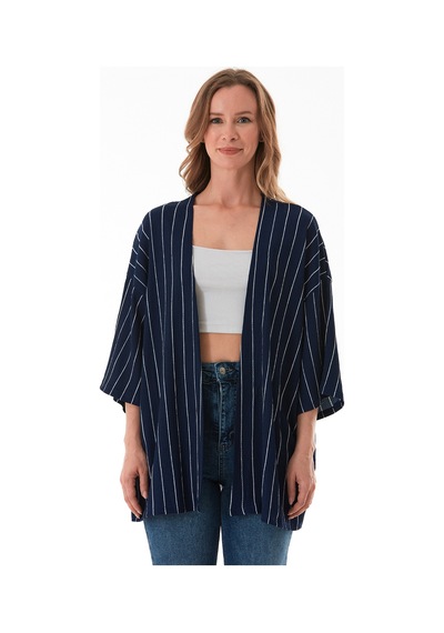 Fullamoda Çizgili Bürümcük Kumaş Kimono Lacivert