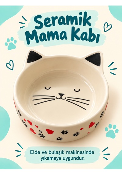 Kedi Yüzü Desenli Seramik Mama Ve Su Kabı Kedi Kulaklı