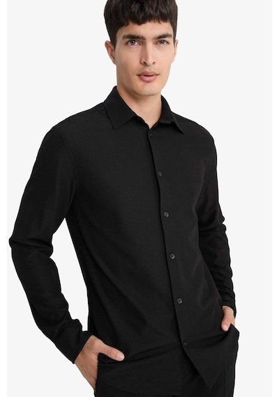Defacto Slim Fit Dar Kesim Polo Yaka Penye Uzun Kollu Gömlek E9061ax25aubk27 Siyah