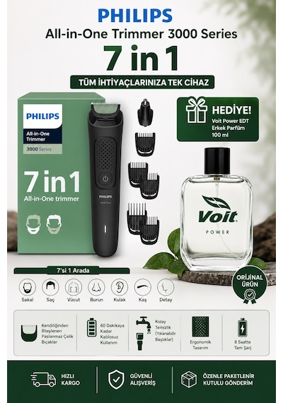 Philips 7in1 3000 Serisi Erkek Bakım Seti Saç Sakal Tıraş Makinesi + 100 Ml Erkek Parfüm