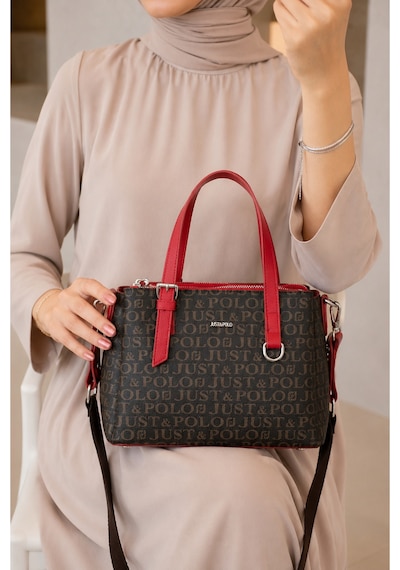 Just Polo Kadın Orta Boy Premium Deri Ayarlanabilir Askılı 3 Bölmeli Şık El & Omuz Çantası Shoulder Bag Kahverengi - Kırmızı