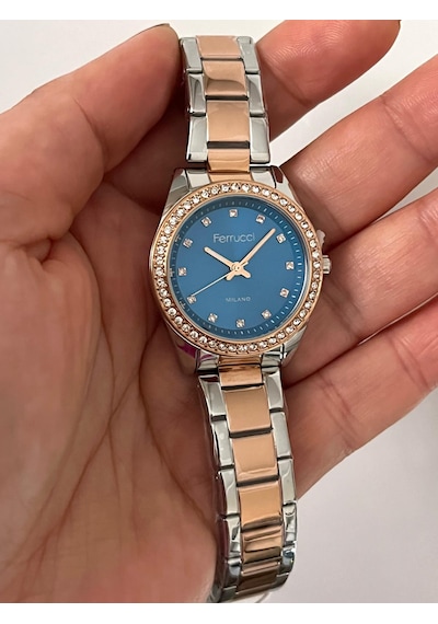 Ferrucci Fc63407 Taşlı Kadran Ve Kasa Çelik Kadın Kol Saati+bileklik Hediye Gümüş - Rose Gold