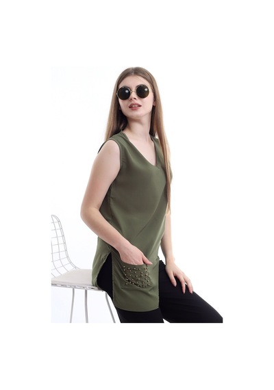 Self Clothing Kadın Yeşil V Yaka Cep Ve Yırtmaç Detaylı Bluz Slf1246-Yeşil