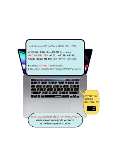 Macbook Pro Arapça Klavye Koruyucu Us Ansı Düz Enter A2338 M1 M2 A2251 A2289 A2141 Uyumlu Silikon Keyboard Cover Touch Bar Siyah