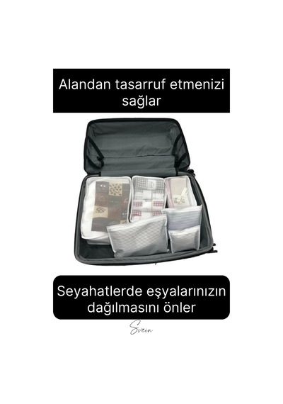 6'lı Valiz Bavul Düzenleyici Seyahat Çantası Organizer Hurç Set Fermuarlı Gri Çizgi Fileli Çok Renkli