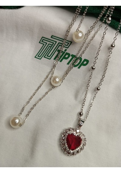 Tiptop/ Bordo Taş Kalp Model Gümüş Renk Kolye - Üç Katmanlı Üç İnci Kolye Set Gümüş - Rose Gold Tiptop/ Bordo Taş Kalp Model Gümüş Renk Kolye - Üç Katmanlı Üç İnci Kolye Set Gümüş - Rose Gold