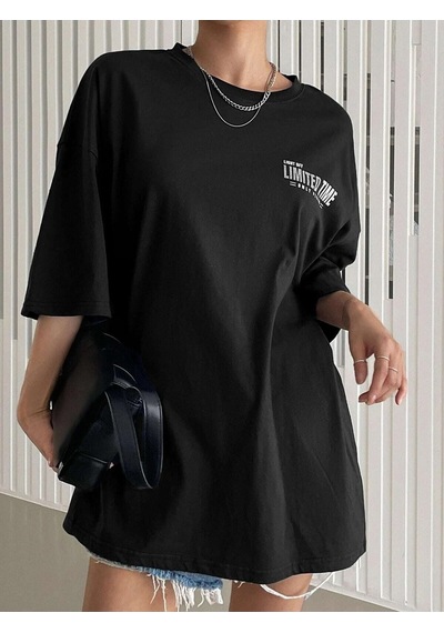 Flood Of Style Kadın Siyah Oversize Limited Time Baskılı Tshirt
