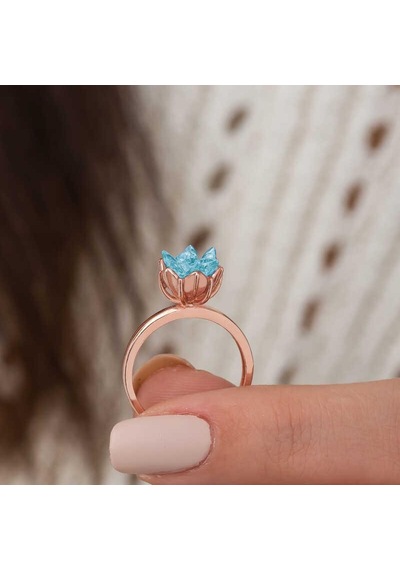 Gümüş Rose Mavi Lotus Çiçeği Yüzük Gümüş