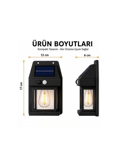 Ayrex Güneş Enerjili Solar Duvar Lambası, Ampul Görünümlü Sıcak Işık, Hareket Sensörlü Ip65 Dış Mekan Apli