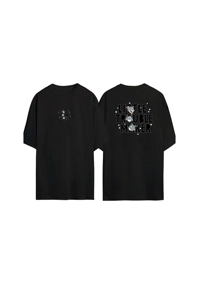 Thewert Unisex Lıttle Trouble Maker Ön Arka Baskılı Sıyah Oversize T-shirt Siyah