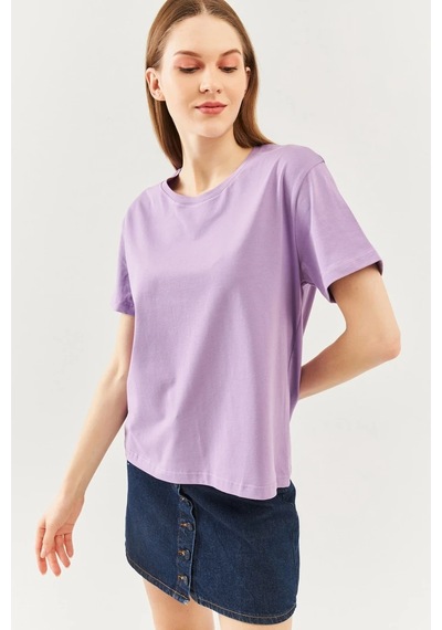 Kadın Oversize Rahat %100 Pamuklu Penye Bisiklet Yaka Kısa Kol Basic T-shirt Lila
