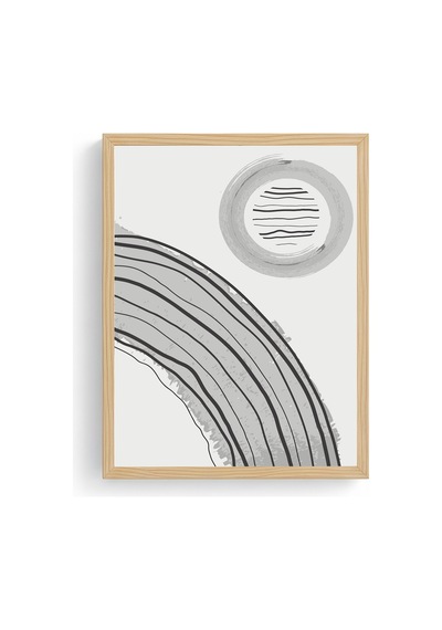 Doğal Ahşap Çerçeveli Soyut Çizgili Tablo - Grayscale Huhu1380