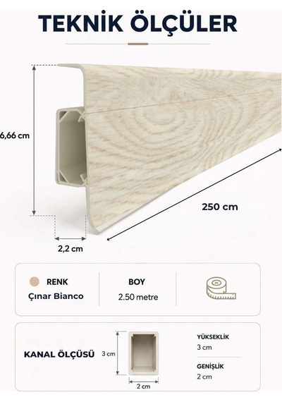 Esquero Kablo Kanallı PVC Süpürgelik 250 cm, Açılabilir Kapaklı, Çınar Bianco, ESQ604