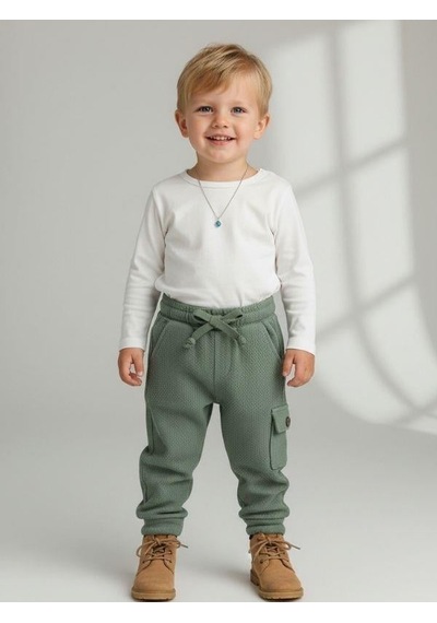 Zekids Erkek Çocuk Beli Lastikli Dokulu Kargo Pantolon-15728 Yeşil
