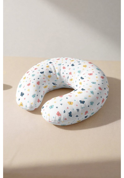 Renkli Kelebekler Pamuklu Boyun Yastığı - Pastel Motifli Sarı Pembe Mavi Yetişkin Seyahat Yastığı Çok Renkli