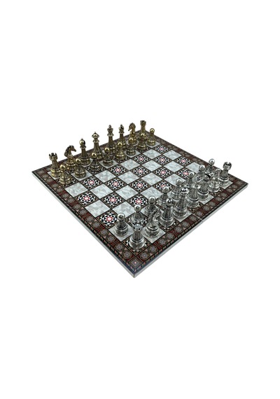 Gifthome Premium Battal Boy Metal İşlemeli Klasik Satranç Takımı Ve Katlanır Sedef Desenli Mdf Satranç Tahtası 43x43 Cm.