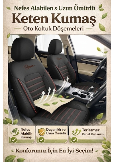 Premium Serisi Lüks Keten Üniversal Oto Koltuk Kılıfı - 5 Koltuk Tam Set Siyah