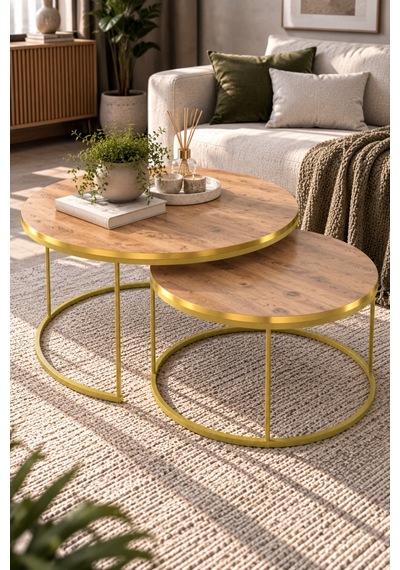 Sulorahome 2'li Yuvarlak Orta Sehpa Seti Ceviz Ve Gold Metal Ayaklı Altın - Ceviz Sulorahome 2'li Yuvarlak Orta Sehpa Seti Ceviz Ve Gold Metal Ayaklı Altın - Ceviz