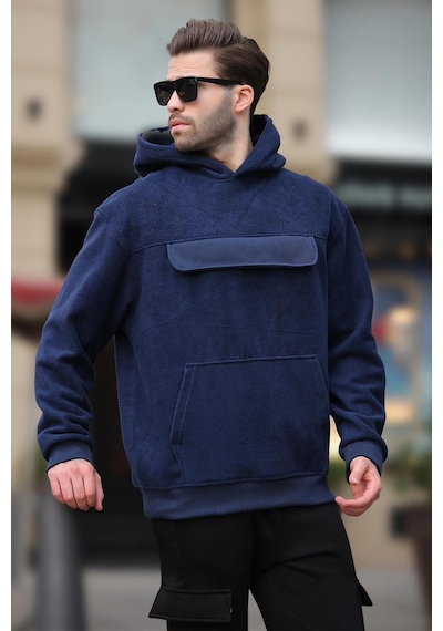 Madmext Lacivert Kapüşonlu Kapaklı Cep Detaylı Polar Erkek Sweatshirt 7097 Lacivert