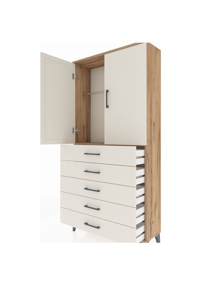 Arges Dolap Tek Raflı 5 Çekmeceli Tek Askılı 88x30x182 Çam-ay... Çam