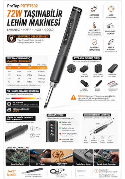 Protap Ts02 Lite 72w Taşınabilir Lehim Makinesi 300-400 C Pıd Isı Kontrollü Type-c Giriş 6 Saniyede Isınma