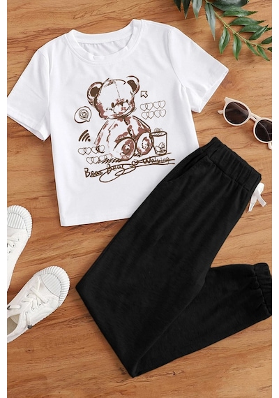 Uyguntarz Çocuk Bear Bear Alt - Üst Eşofman Takımı Beyaz