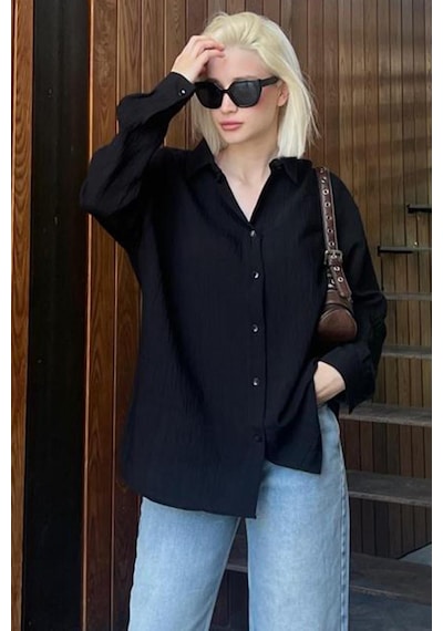 Madmext Siyah Uzun Kollu Çizgili Oversize Gömlek Mg2080-siyah Siyah