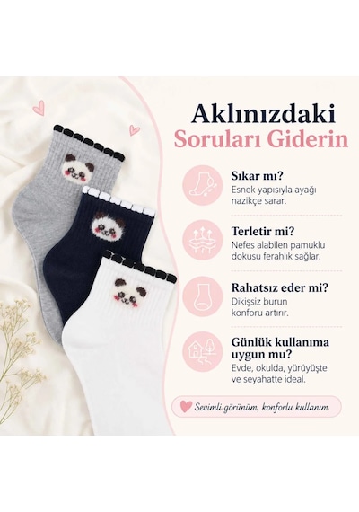Kadın Panda Desenli Kısa Konç Çorap 12'li Paket, %80 Pamuklu Dikişsiz Burun, Nefes Alan Yumuşak Bile Diğer