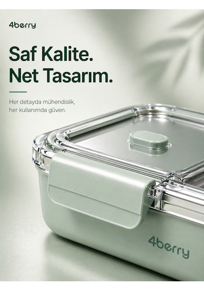 3 Bölmeli Paslanmaz Çelik Yemek Kabı Sızdırmaz Kapaklı, Taşınabilir Beslenme Kabı - Yeşil