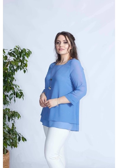 Moda Berray 1934 Kolyeli Şifon Büyük Beden Şık Bluz İndigo