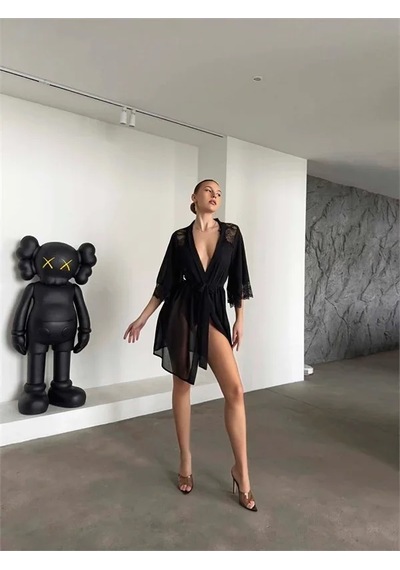 Semel Kadın Şık Tasarım Siyah Dantel İşlemeli Body Suit Ve Tül Gecelik Takımı