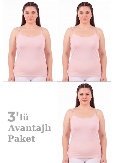 Arma Yıldız Kadın Büyük Beden İp Askılı Atlet Pamuklu Likralı Yumuşak Esnek Kumaş 3'lü Paket Pembe-3