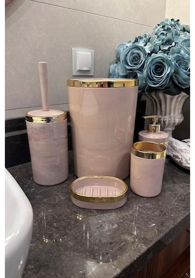 Makri Home Banyo Seti 5'li,akrilik-çöpkovası,wc Fırçalık,sıvı Sabunluk,diş Fırçalık,el Sabunluk,gold Renk Detay Somon