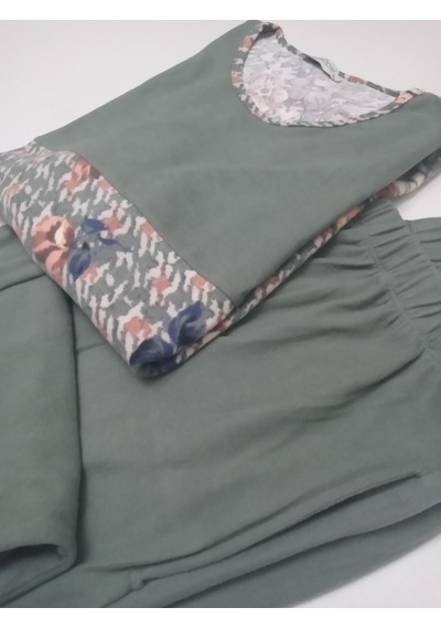 Feyza Pijadore Kadın Uzun Kol Soft Pamuklu Kışlık Pijama Takımı Haki