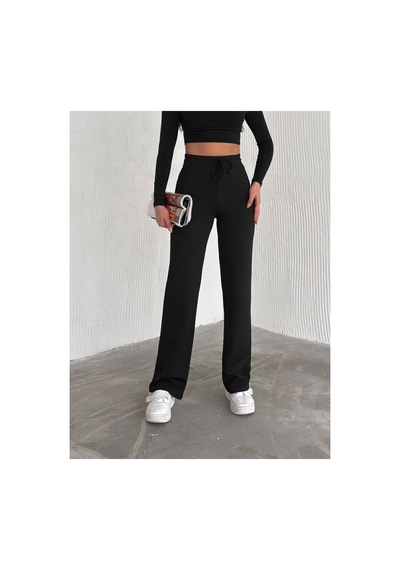 Dechival Kadın Bol Paça Fitilli Pantolon Yazlık Wide Leg Eşofman Altı Siyah