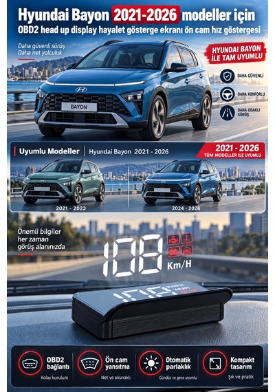 Hyundai Bayon 2021-2026 Modeller İçin Obd2 Head Up Display Hayalet Gösterge Ekranı Ön Cam Hız Göstergesi