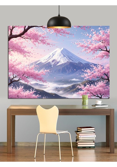 Japon Kiraz Çiçekleri Fuji Dağı Dekoratif Kanvas - Mdf Ahşap Tablo