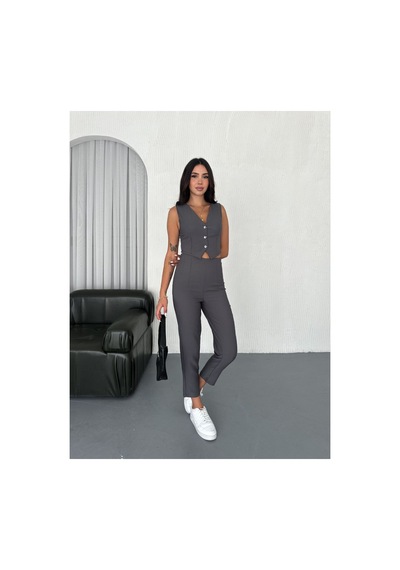 Wellway Dabıl Kumaş Düğme Detaylı Yelek & Pantolon İkili Takım-gri-1059 Gri