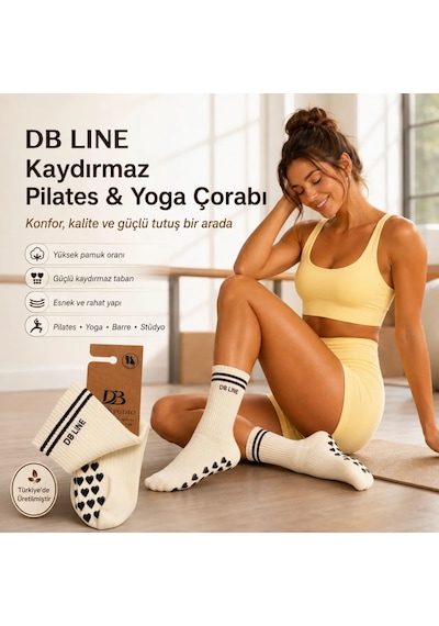 Elitse Db Lıne Kaydırmaz 8'li Pilates Yoga Çorabı Pamuklu Silikon Tabanlı Barre Stüdyo Spor Çorabı Siyah